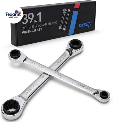 39-In-1 Reversible Ratcheting Box Wrench Set E Torx E10-E24 & SAE 5/16''-3/4'' & M