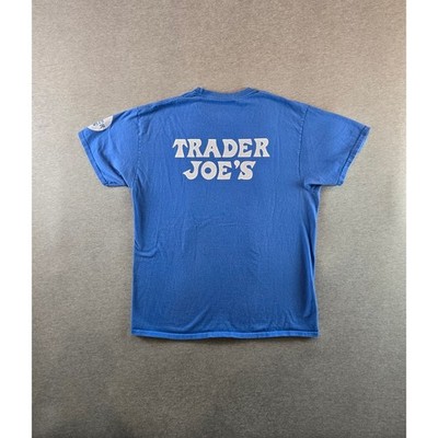 Trader Joe's Graphic T-Shirt Mens Medium Blue Crewneck Back Logo Sleeve Print