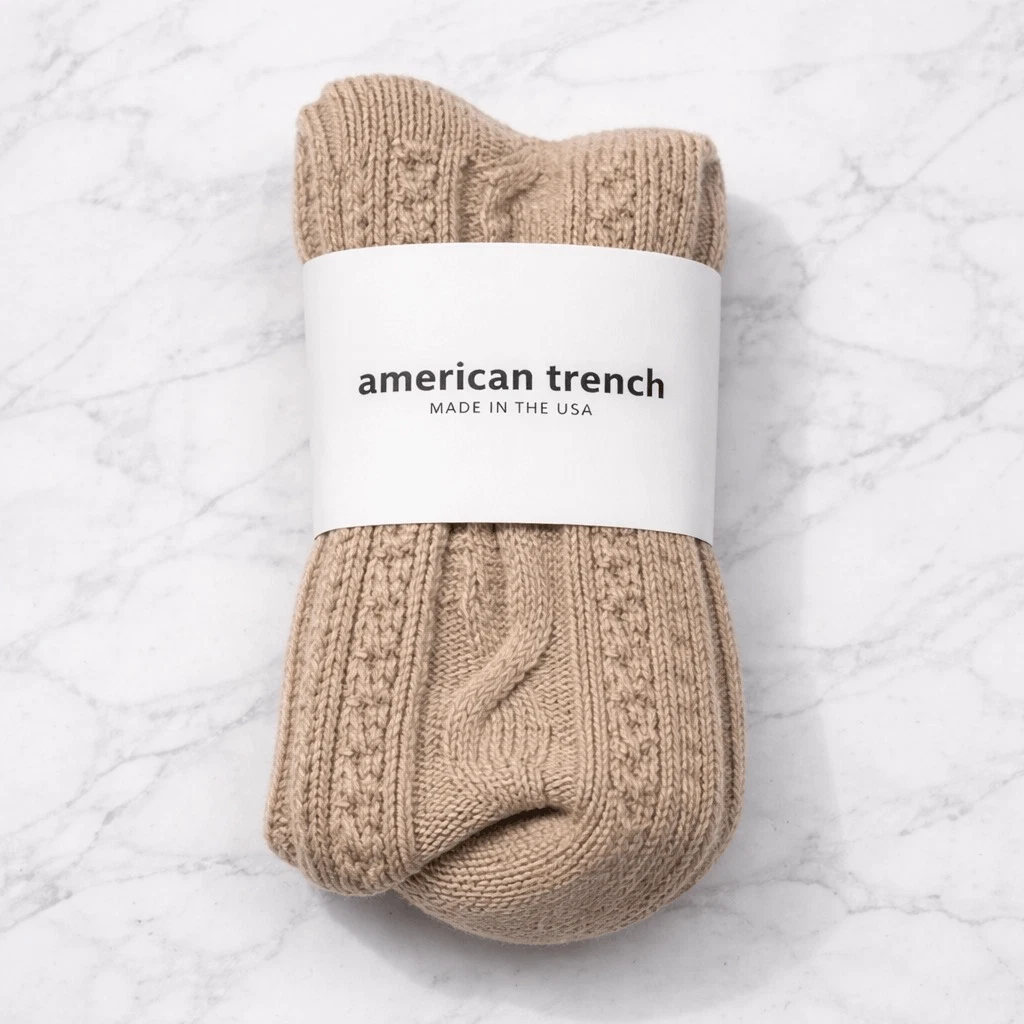 American Trench Premium Wool Silk Cable Knit Socks Oatmeal USA Women 610, NWT