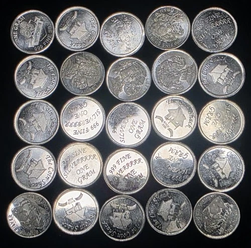 Lot Of 25 1 Gram 999 Fine Silver Rounds 1g Buffalo Monarch Various Mints Designs