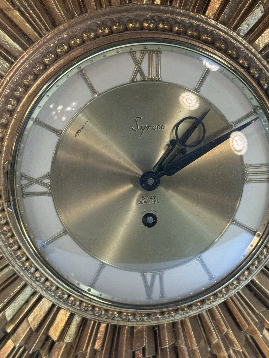 Mid Century Modern Sunburst 23” Wall Clock Gold Wind Up