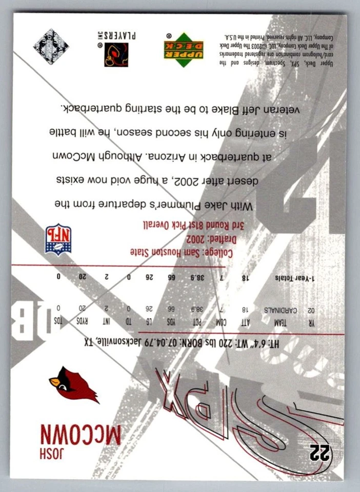 2003 Upper Deck Standing O Josh McCown Arizona Cardinals #22 - Image 2 of 2