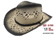 Western Woven Straw Hat Cowboy Cowgirl Printed Hat Round Up Sun One Size Black