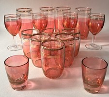 Cranberry & Gold French Barrel Tumblers, Sherry & Tot Retro Glasses - Set of 16
