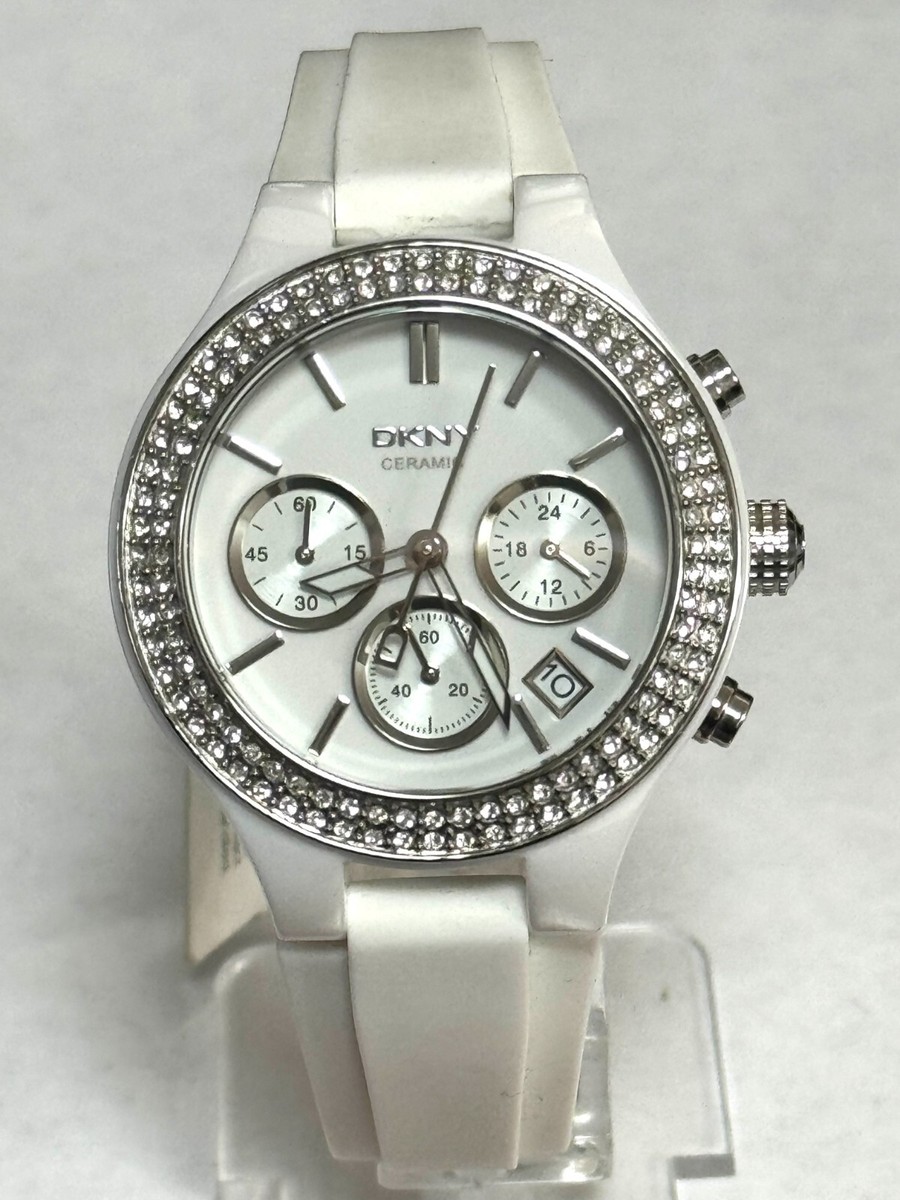 New DKNY Women Chrono White Rubber Ceramic Case Crystals 