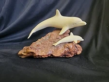 Vintage John Perry Studio 2 Dolphins Calf  Driftwood COA California Art Figurine
