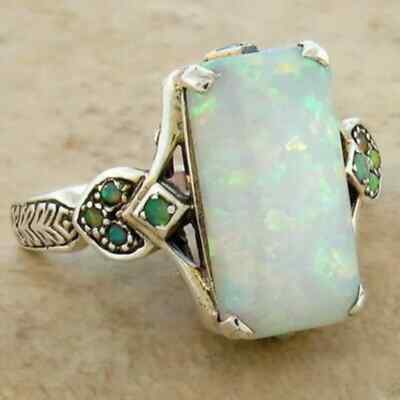 Vintage Silver Plated White Fire Opal Ring Women Wedding Proposal Jewelry Sz6-10
