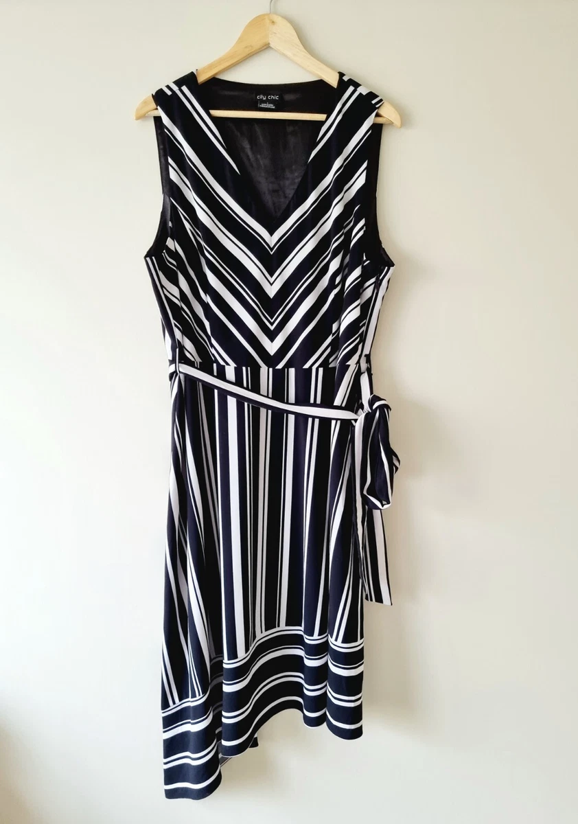 City chic black top and white striped dress