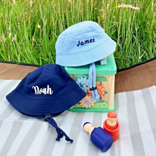 Personalised Name Baby Sun Hat Boy Girl, Custom Bucket Hat with Chin Strap 0-18m - Picture 2 of 53