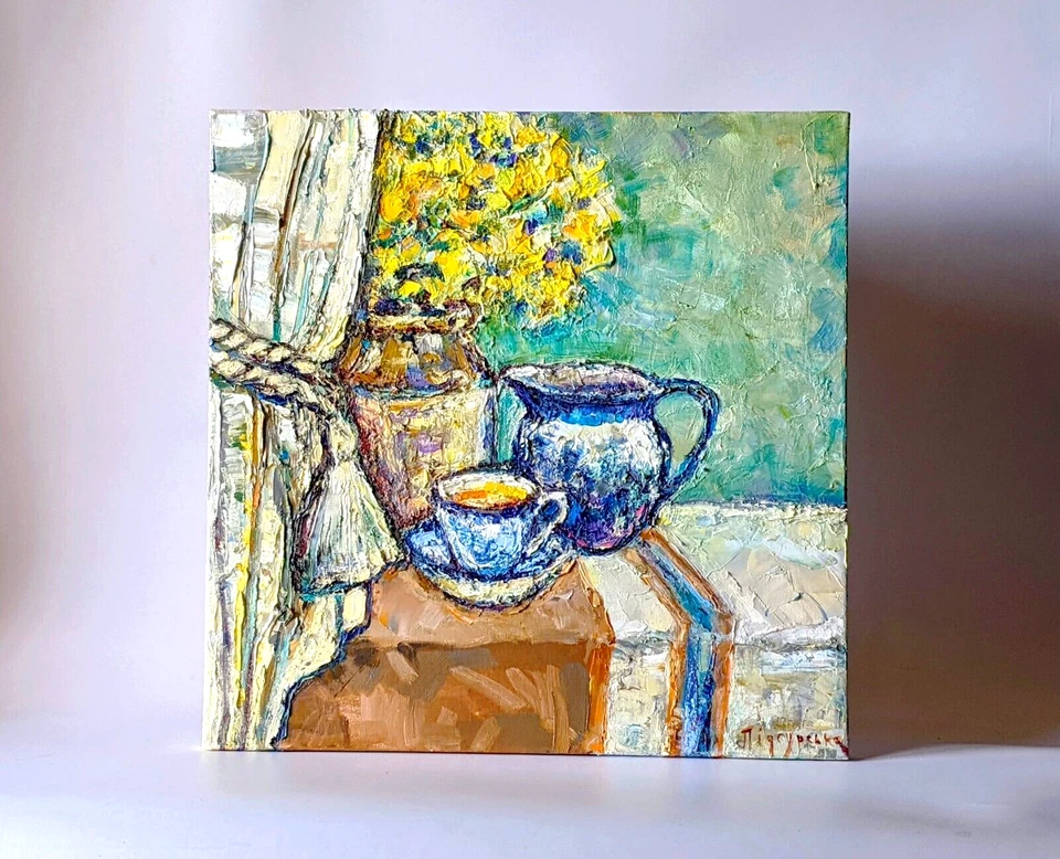 Оригинальная картина маслом натюрморт цветы фарфоровый кувшин чашка текстурированный художественный декор - Изображение 3 из 4