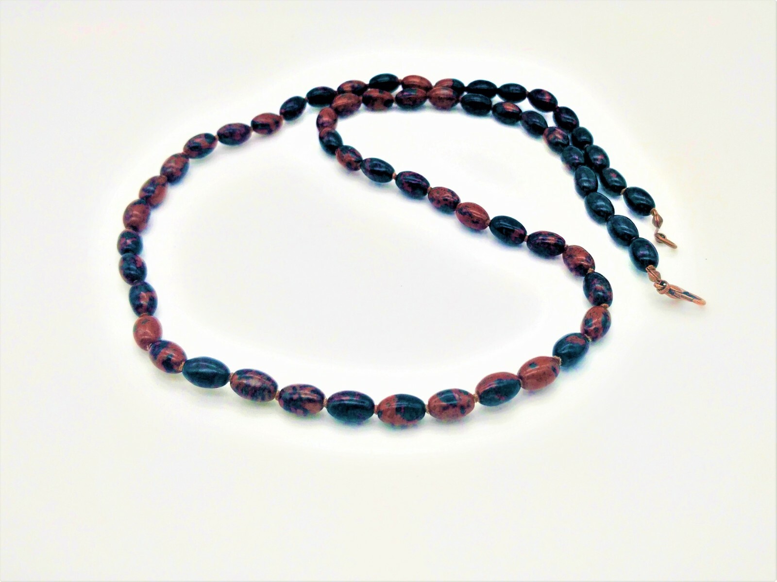 Collier en obsidienne acajou véritable avec perles ovales nouées main de 60 cm