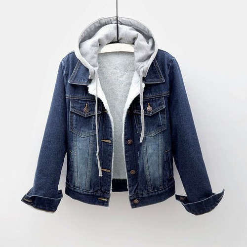 Womens Fleece Lined Denim Jacket Coat Thicken Hooded Winter Warm Casual Vintage - Picture 14 of 14