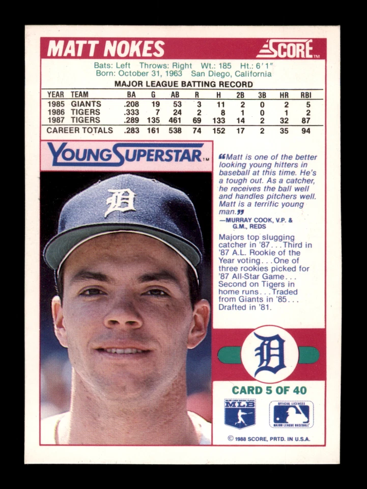 1988 Score Young Superstars I #5 Matt Nokes Detroit Tigers - Image 2 of 2