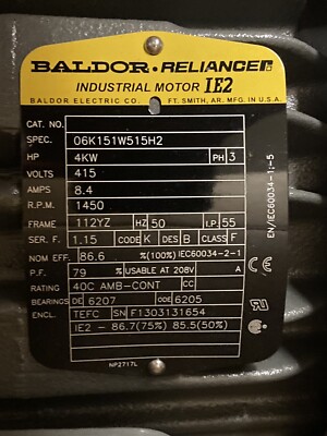 Baldor Reliance,06K151W515H2,4KW HP Pump Motor 1450RPM 415V 112YZ