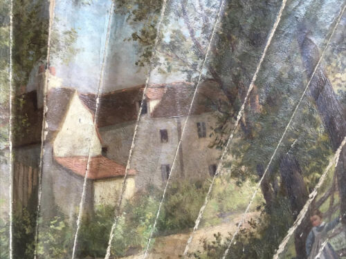 "Landscape / Children 19th Century" Antique Oil on Large Fan, Signed. To Restore - Picture 9 of 24