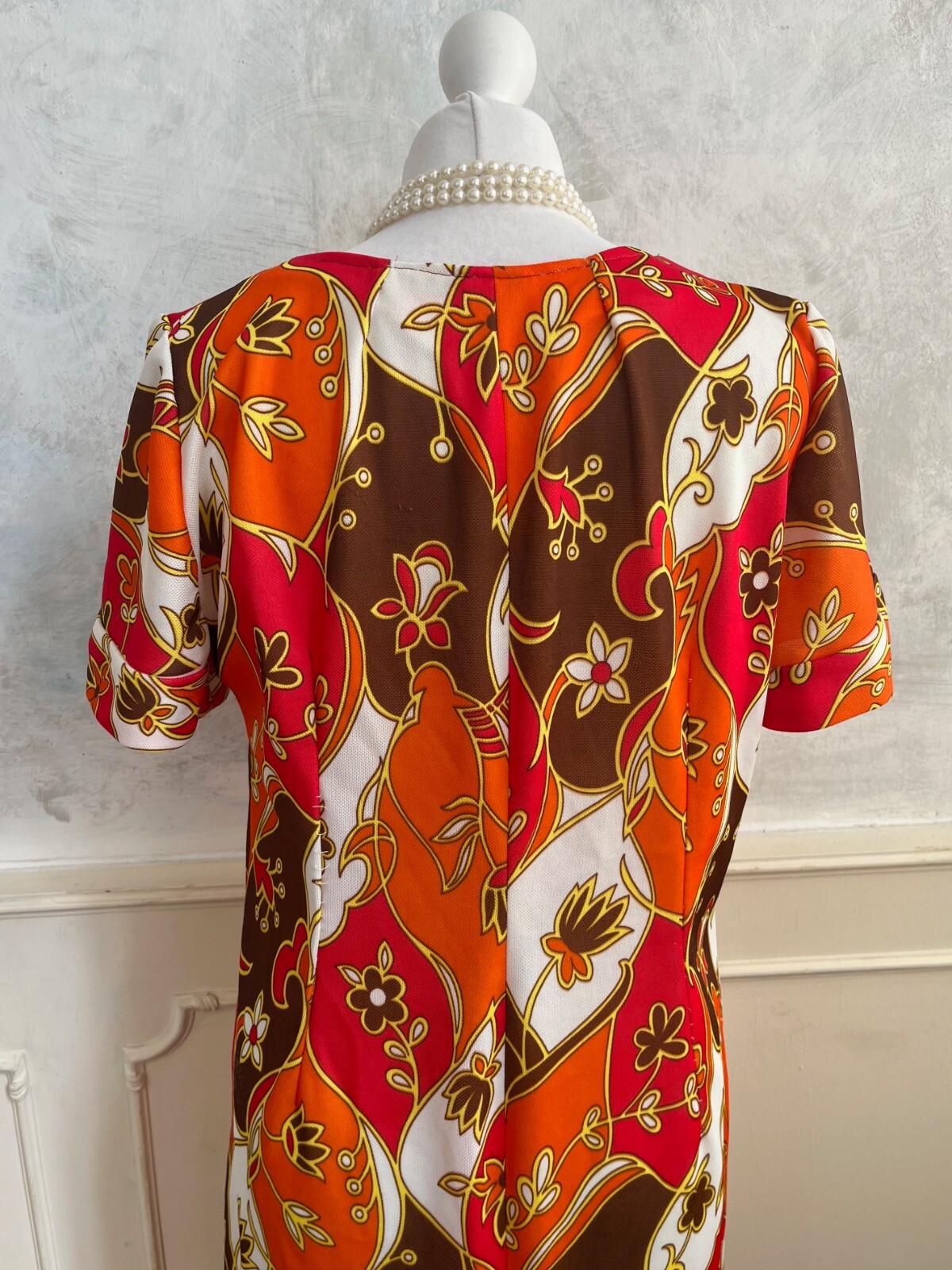 Vintage 1970's Orange Red Patchwork Polyester Ret… - image 6
