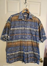 Pierre Cardin Mens L Short Sleeve Button-Up Cotton Spread Collar Geometric Blue