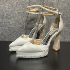 Badgley Mischka Platform Heel Size 7 Soft White Satin Ankle Strap Pearl Wedding