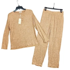 EKOUAER Ribbed Knit Pajama Set Loungewear Sleepwear Orange Medium