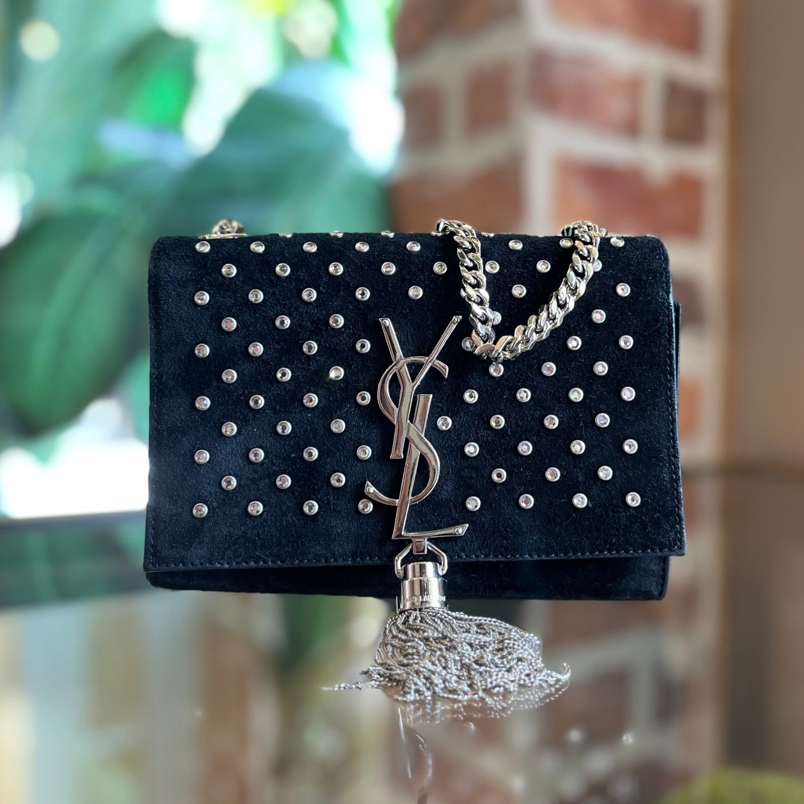 Borsa a tracolla SAINT LAURENT Kate piccola in camoscio e nappa di cristallo