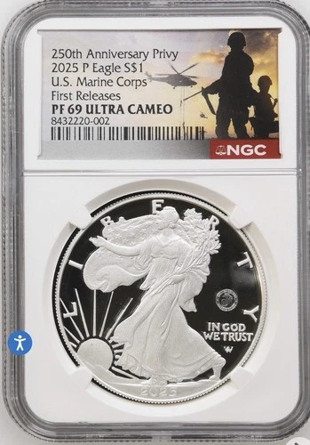 2025-P Proof $1 American Silver Eagle Marine Corps Privy NGC PF69UC FR W/OGP