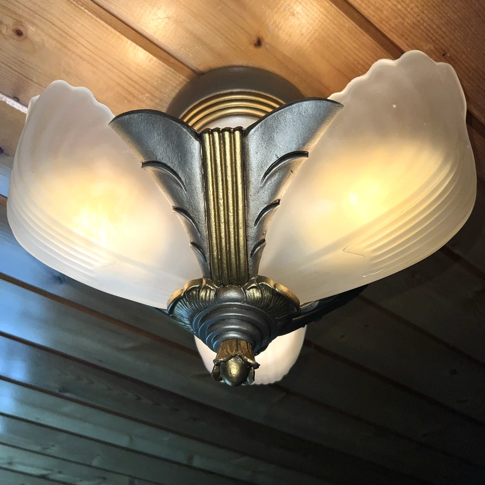 Lámpara de araña antigua Art Deco con pantalla deslizante Markel vidrio escarchado de níquel cepillado Foto 2 de 4