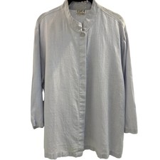 Clio II Light Blue 100% Linen Mandarin Collar Button Front Tunic Top 1X USA Made
