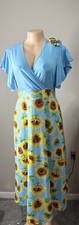 Women’s S Blue Yellow Sunflower Floral Wrap Midi Dress Flutter Sleeve Ruffle