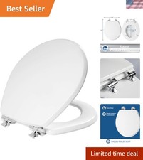 Bennett Slow Close White Wood Toilet Seat - Secure Chrome Hinges, Easy Install
