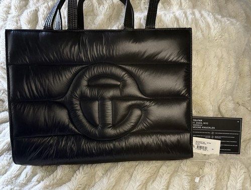 Telfar Puff Shopper Tote Bag Medium Black Quilted Logo Zip Closure Pockets