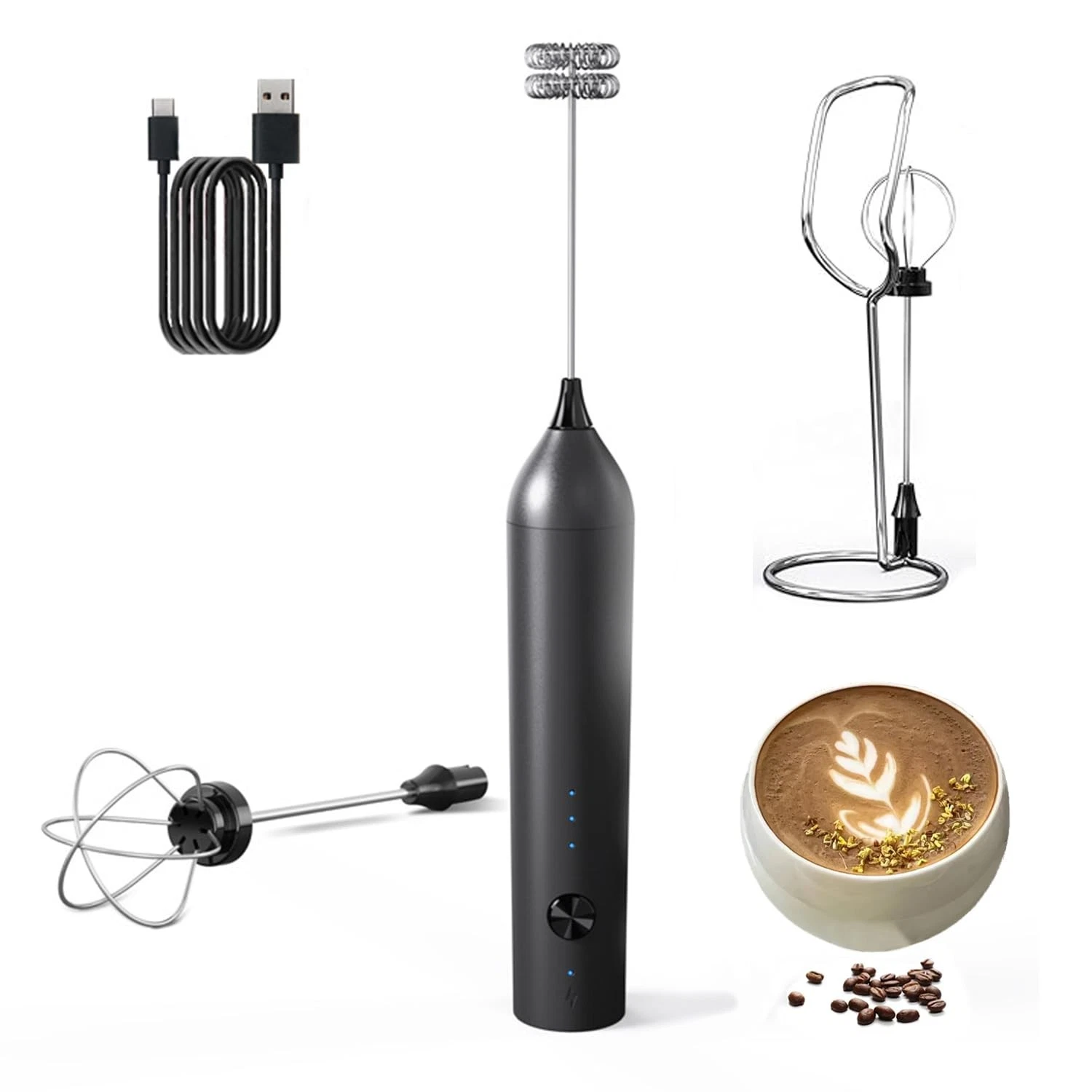 Rechargeable Milk Frother Wand with Stand-Whisk 3 Speed Adjustable,Drink Mixe...