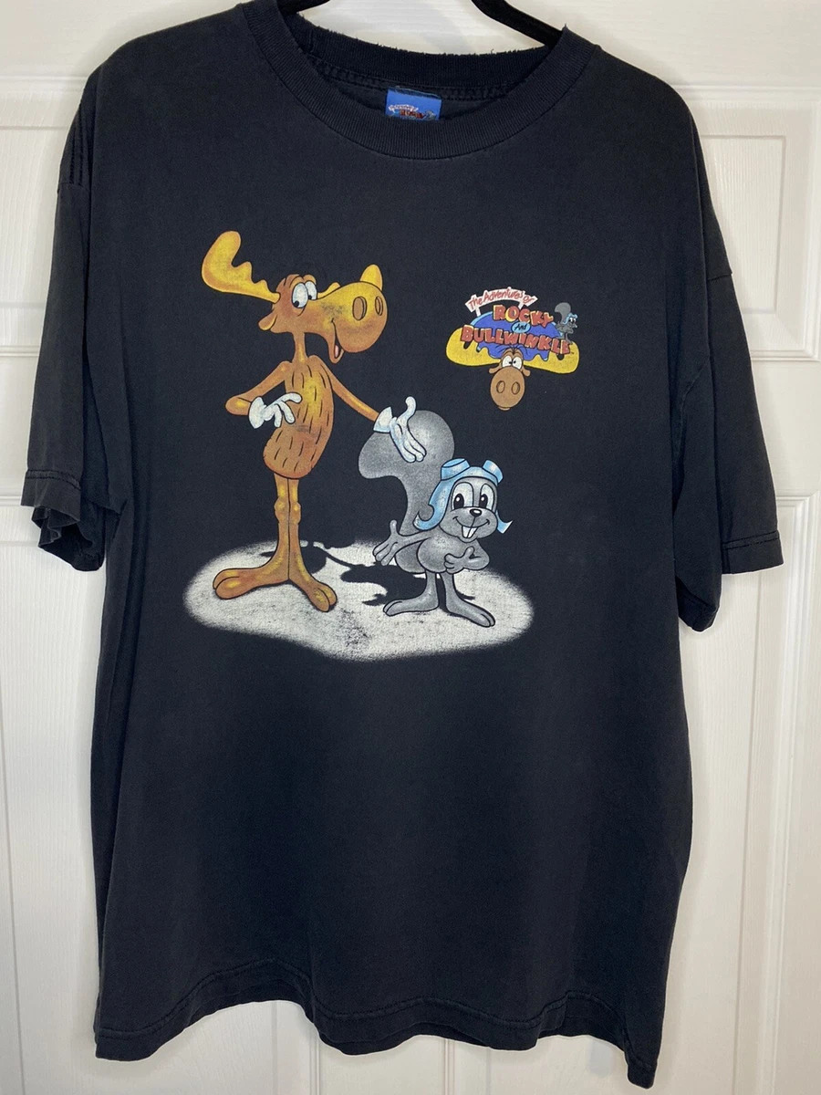 Vintage 90s RARE Rocky and Bullwinkle T Shirt Size Large Distressed Faded