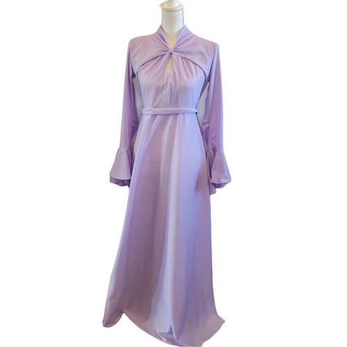 Vintage 60s Small Lilac Purple Keyhole Bellsleeve Dress Polyester Bell Sleeve