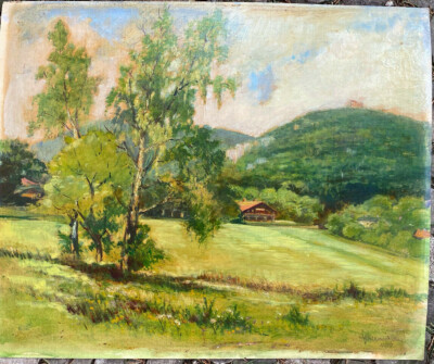 ::ÖLGEMÄLDE UNDEUTL.SIGN. 1988 HÜGELLANDSCHAFT MIT HÜTTE TRAUERWEIDE WALD