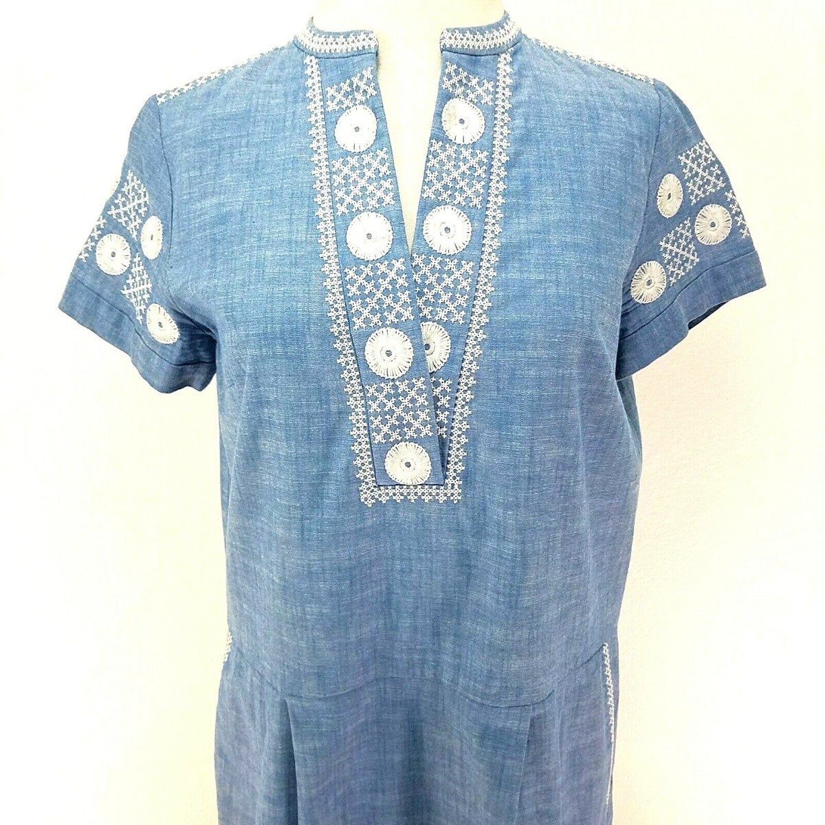 MADEWELL Chambray Sunstitch Tunic Dress Blue White Embroidered BOHO Womens S EUC MADEWELL Chambray Sunstitch Tunic Dress Blue White Embroidered BOHO Womens S EUC