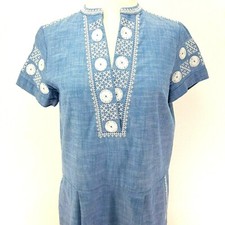 MADEWELL Chambray Sunstitch Tunic Dress Blue White Embroidered BOHO Womens S EUC