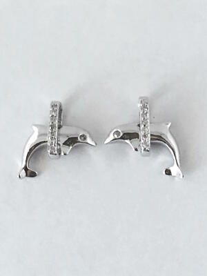 14K Solid White Gold Happy Dolphin Jump through Diamond Hoop earring. E500-71