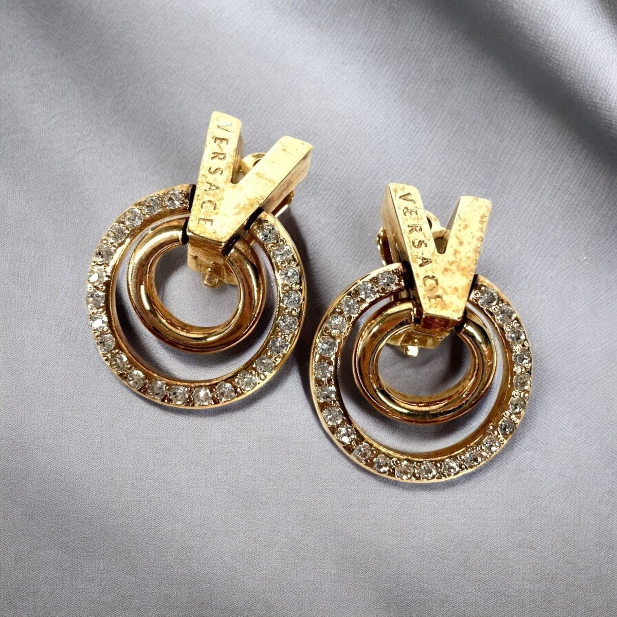 VERSACE V Logo Rhinestone Gold Earrings w/Box USED JP | eBay