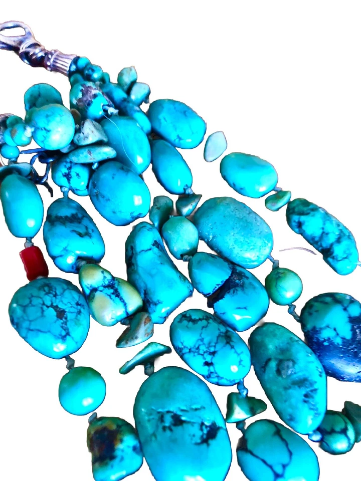 Collar Peyote Pájaro Triple Hilo Turquesa Plata de Ley Grueso Firmado 925 Foto 3 de 4