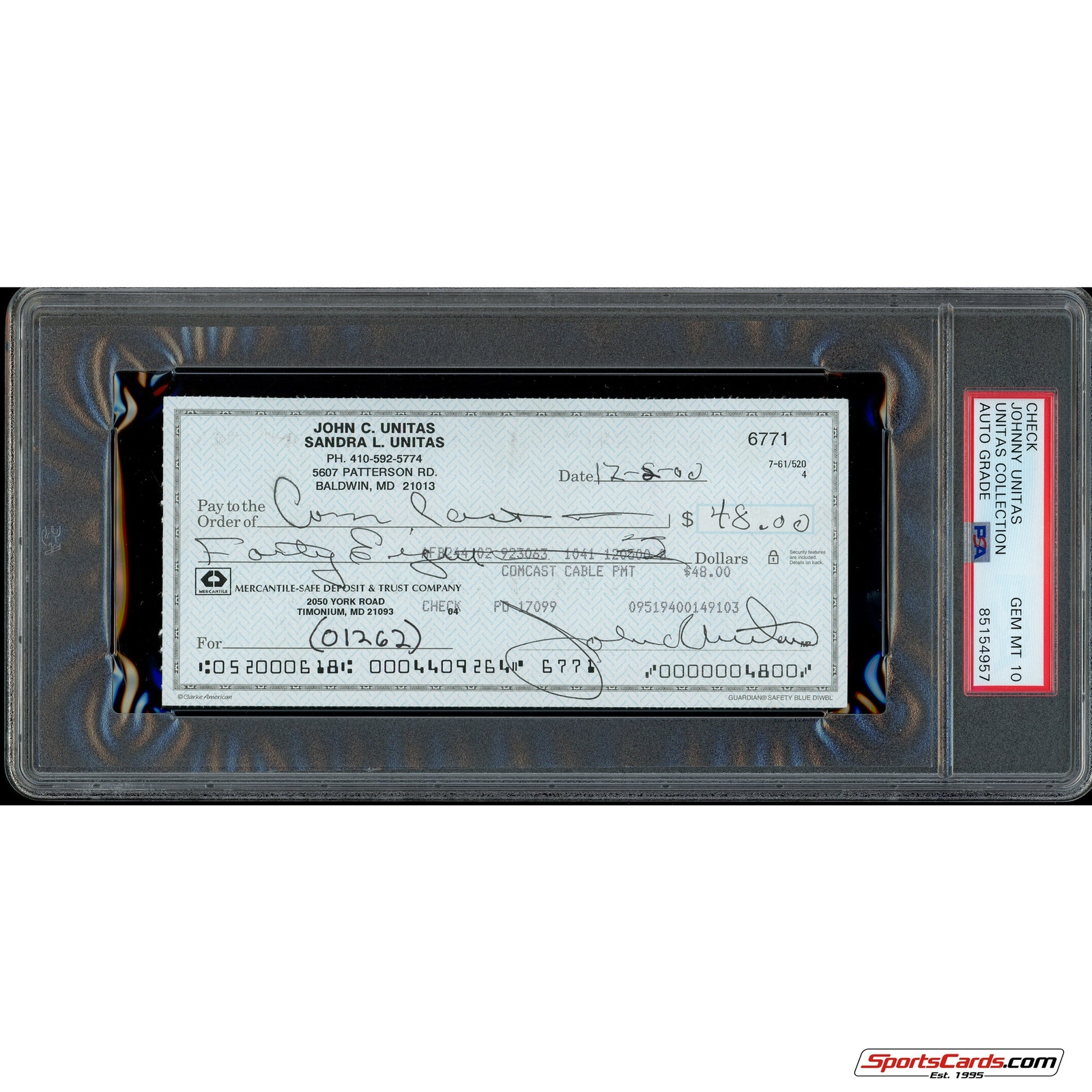 Johnny Unitas Signed Autographed Personal Check PSA DNA Gem Mint 10