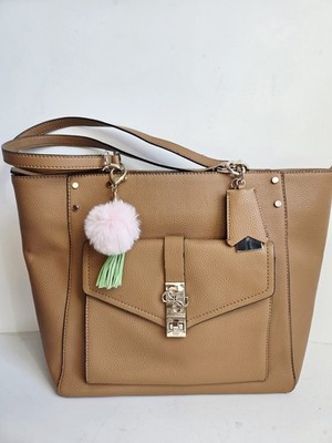 Guess Albury Shopper Charm Tote Brown Shoulder Bag Faux Leather Large