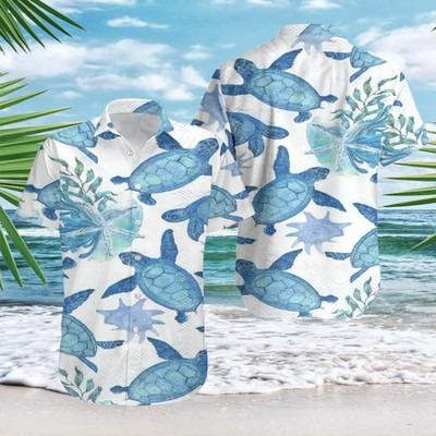 Sea Turtle Hawaiian Shirt Summer Aloha Beach Button Up Turtle Lover Vacation