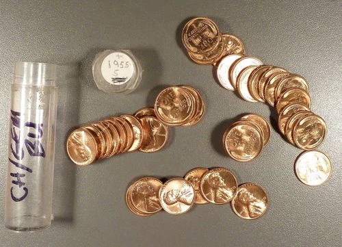 New Listing1955-S Lincoln Cent Roll grades CH/GEM BU, Lustrous & Red, Nice Roll.