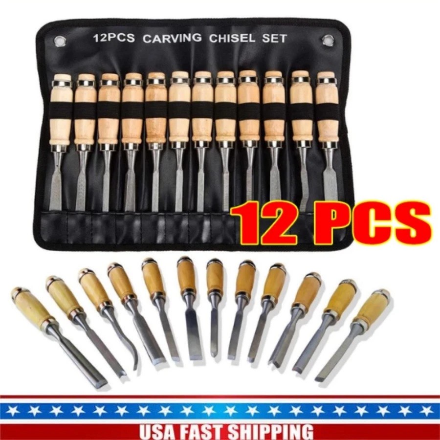 Wood Carving Hand Chisel Tool Set Professional Woodworking Gouges Steel 12 PCS