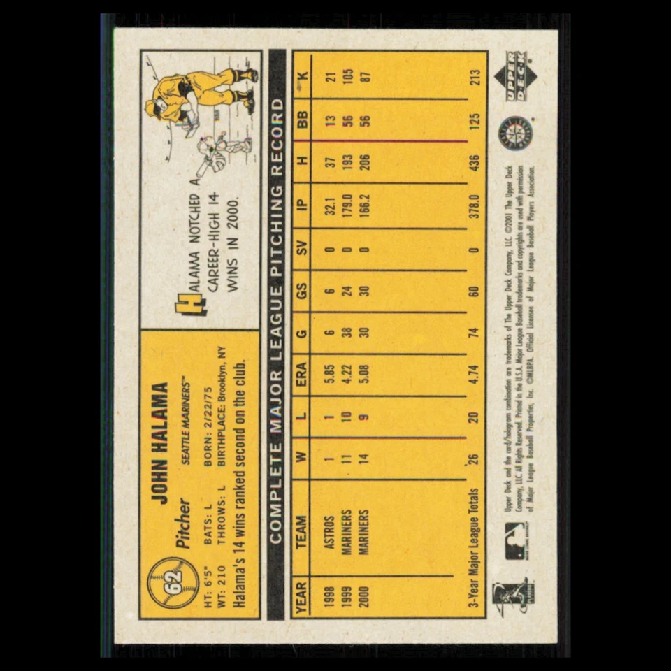 John Halama #62 2001 Upper Deck Vintage Seattle Mariners Baseball Card MLB NM - Image 2 of 3