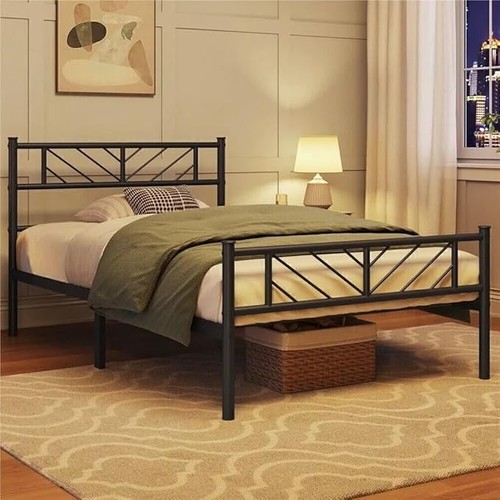 Double Bed Frame Metal Slatted Bed Base Solid Mattress Foundation with Headboard - Picture 6 of 23
