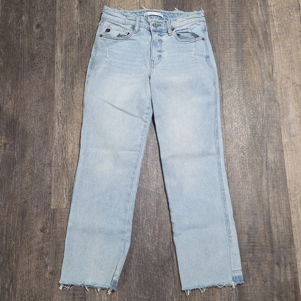 Kancan Women’s Size 26 Distressed Jeans Raw Hem Straight Leg Light Wash