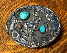 Navajo Handcrafted Genuine Turquoise and Coral Floral  Horse Belt Buckle