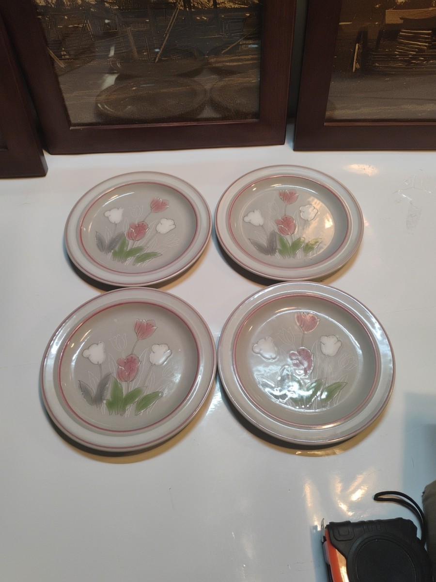 Vtg Set 4 Designer Stoneware Pink Tulip Spring Bouquet Hand