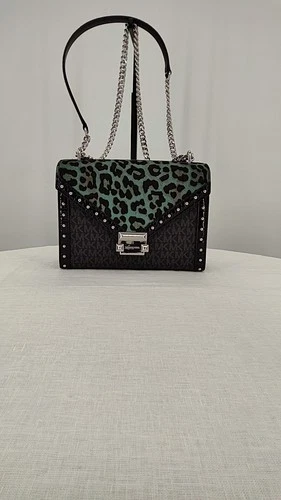 Michael Kors Women Whitney Signature Logo and Leopard Print Calf Hair Shoulder
